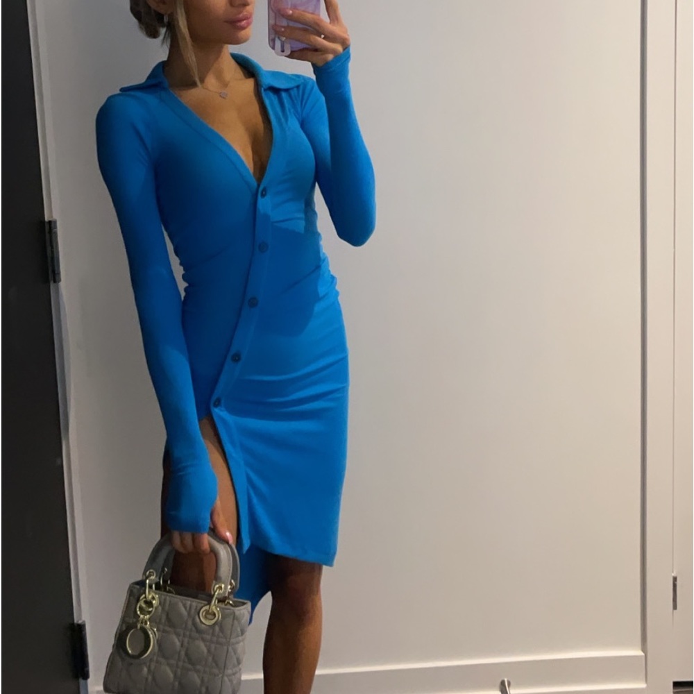 alix nyc LANETT DRESS blue midi sweater ribbed collar dress